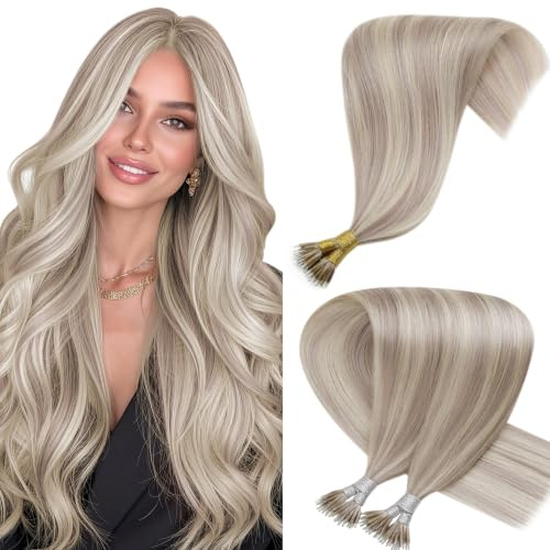 Hetto Nanoring Extensions Mittelblond & Platinblond Highlights 35cm | 50 Strähnen 50g 100% Remy Haar, Invisible Ring & Beads, keine Hitze, kein Kleber, Natürlicher Look Haarverlängerung