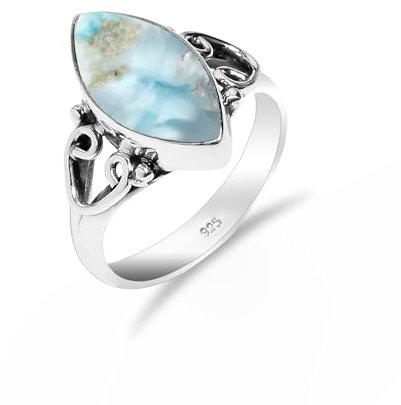 Larimar Ring Naturstein, 925 Sterling Silber Ring für Damen-Herren Vintage Minimalistisches Design Statement Ring Marquise Form 8x16 Edelstein Ring SH-SR75-P