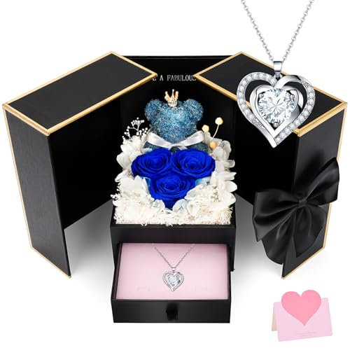 CSYY Rose Stabilizzate, Festa della Mamma Regali di Rosa Blu Eterne per Le Donne Collana Bianca a Forma di Cuore di Scatola regalo in Oro Nero
