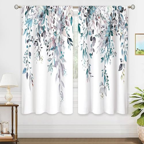 oolygoo Rideaux à motifs floraux d'eucalyptus, style aquarelle, fleurs sauvages, style champêtre, pour chambre ou salon, gris, bleu clair, 107 cm de large x 160 cm de haut
