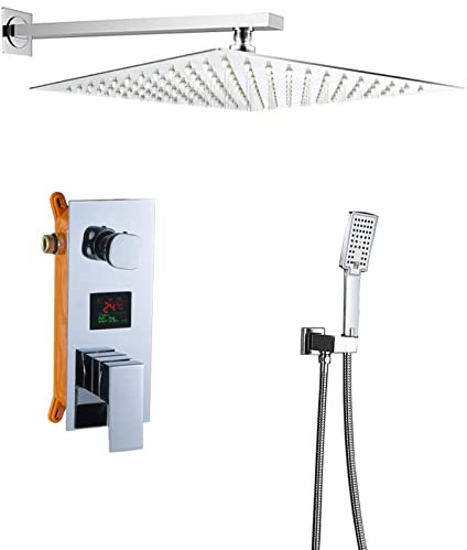 FLUXGOONE Duschkopf-Duschsystem, Duschsystem Temperaturanzeige Verdeckter Duschhahn-Set me Regenmischer-Dusch-Kombi-Set mit Verstellbarer Handbrause und Regenduschkopf Advanced Air Injection Te