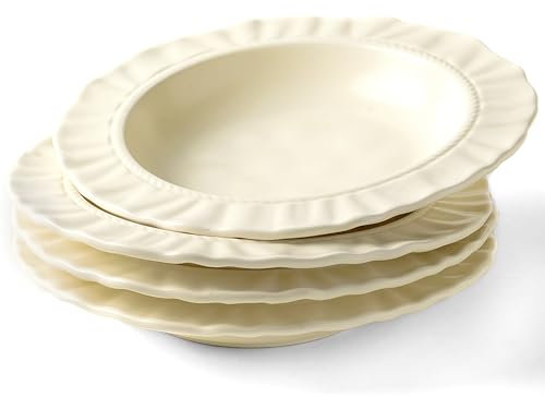 COIKZLY Ceramic Soup Bowls 8.6 in, Pasta Bowls & Plates, Cream color Floral-Embossed Wide Rim Shallow Bowls Set of 4, Italian Carving Design, Matte Finish Porcelain, Microwave & Dishwasher Safe 20oz
