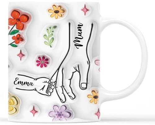 Personal Chic Custom Mug Holding Mum's Hand Flowers - Personalised Grandma Gift, Personalised Mum Gifts, Mummy Mug, Grandma Cup (Model #2)