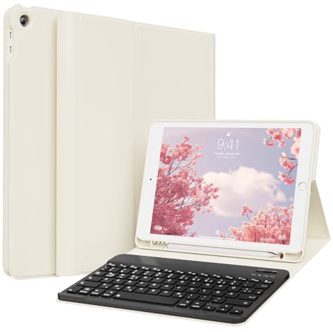 GKABXY Hülle mit Tastatur für iPad 9/8/7 Generation (2021/2020/ 2019), Weiche TPU Rückseite mit Stifthalter, QWERTZ Layout, Magnetische abnehmbare Bluetooth Keyboard für iPad 10,2 Zoll, Weiß