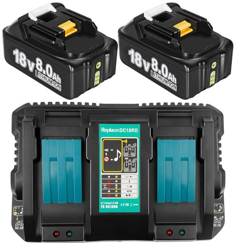 2 x 8.0 Ah / 8000 mAh Ersatzakku für makita akku 18v mit ladegerät DC18RD Dual Port 4A für Makita Akku 18VBL1860 BL1850 BL1860B BL1430 Kompatibel für Makita Ladegerät DC18RA DC18RC