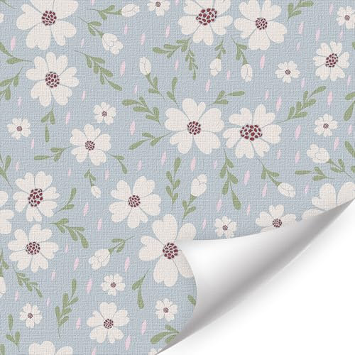 ANHUIB White Flower Wallpaper Self Adhesive Peel and Stick Floral Wallpaper Blue Contact Paper 44x300cm Boho Botanical Flowers Wall Decal Plant Pattern Vinyl Wall Wrap for Bedroom Bathroom Living Room