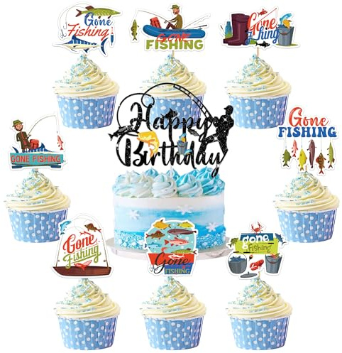 Fishing Cake Decorations for Men, Gone Fishing Cake Topper and 24 Cupcake Toppers, Outdoor Fishing-Themed Birthday Party Supplies (Pack of 25)