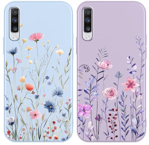 Yirlbey 2 Stück Handyhülle für Samsung Galaxy A50 / A30S / A50s Hülle 6,4, Aesthetic Muster Blumen Motiv Design Weiche TPU Bunt Silikon Schutzhülle Kratzfeste Stoßfest Case für Mädchen, Blau Lila