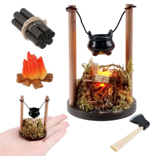 PlsMupn Mini Lagerfeuer Wichtelzubehör, Wichtel Zubehör Weihnachten, LED-Lagerfeuer Miniatur Stadtflamme mit Hängendem Kübel, DIY Puppenhaus Zubehör Wichtel Feuerstelle für Wichteltür Weihnachten Deko