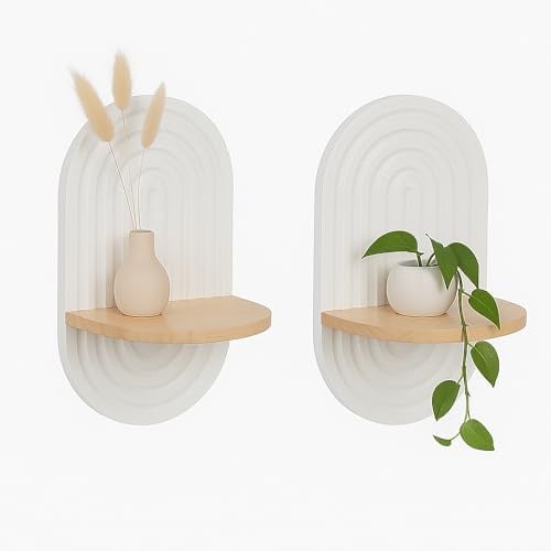 Relaxdays Wandregal 2er Set, Boho Style, Wanddeko Regal für Flur & Wohnzimmer, HBT: 33x20x15 cm, MDF & Holz, weiß-Natur