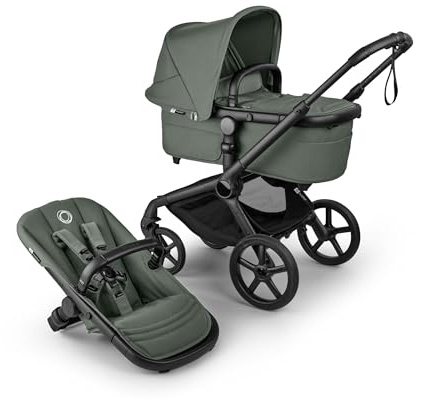 Bugaboo Fox 5 Renew, 2-in-1 Kinderwagen für jedes Gelände, mit Liegewanne und ausziehbarem Kleinkindsitz, praktische Ein-Hand Faltung, Fahrgestell in Schwarz und Sonnendach in Forest Green