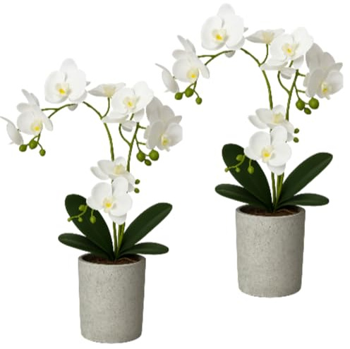 Suncalla 2 Pcs Fake Orchids Flowers in Pot 15.7 White Artificial Orchids