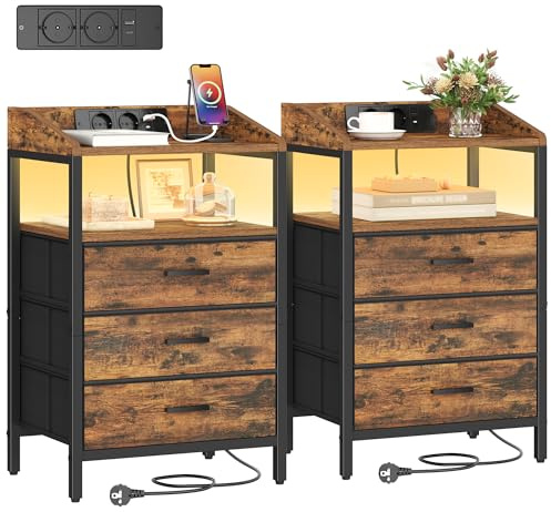 Hzuaneri Nachttisch 2er Set, mit LED-Leuchten und ladefunktion | Beistelltisch mit 3 Stoff-Schubladen mit USB & AC, für Schlafzimmer, Wohnzimmer, Vintage Braun-Schwarz NS35501BEU