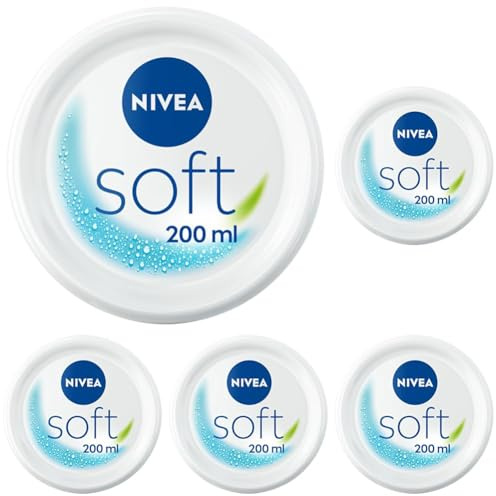 NIVEA Soft 3-in-1 Feuchtigkeitspflege (1 x 200 ml), Gesichts-, Körper- und Handcreme für intensive Feuchtigkeitspflege, Mehrzweck-Feuchtigkeitscreme (Packung mit 5)