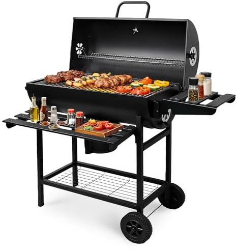 Large Charcoal BBQ Grill Smoker | Barrel Barbecue with Thermometer, Coal Tray, Wheels & 2 Folding Side Tables | Heavy-Duty Portable Outdoor Grill for Garden, Backyard & Camping 105x85x118CM