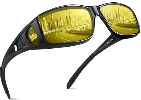 konqkin Anti Glare Night Driving Glasses-Mens-Women-Yellow Driving Glasses-Night Vision Glasses-Wrap Around Glasses-UV400 For Driving