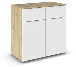Rauch Möbel Alabama, Kommode, Farbe Weiß/Eiche Artisan, Maße 80x81x42 cm | Sideboard, 2-türig, 2 Schubladen, Soft-Close-Funktion, Griff Alufarben, für Schlafzimmer, Kinderzimmer, Garderobe, Flur