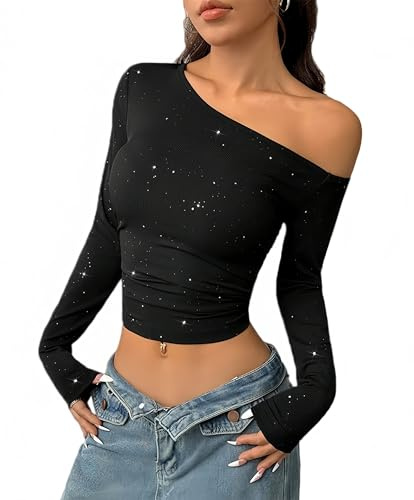 Zesoyne Women's Glitter One Shoulder Crop Top Shirt Blouse | Long Sleeve, Ruched Form Fitting Sparkly Ribbed Party Top, Casual Cute Outfit for Spring Summer