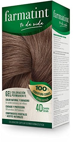 Farmatint Gel 4D Castaño Dorado, Tinte Vegetal Permanente, Sin Amoníaco, Cobertura Completa de Canas, Cuida y Protege tu Cabello, Unidad de 135ml