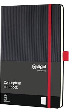 Sigel CO663 Notizbuch A5 liniert schwarz-rot, Hardcover, 194 nummerierte Seiten, nachhaltiges Papier, mit Inhaltsverzeichnis, Stiftschlaufe, Falttasche, Gummibandverschluss, Conceptum