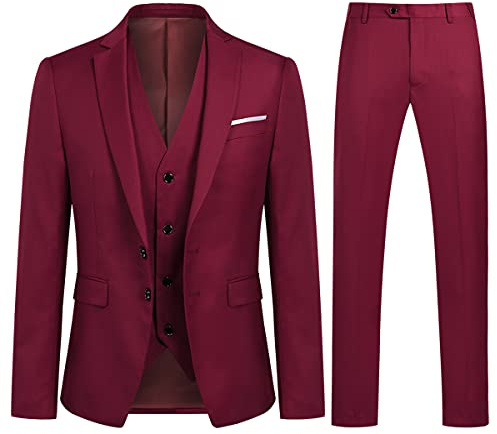 YOUTHUP Costume Homme 3 Pièces Slim Fit Smoking pour Mariage Business | Veste Gilet Pantalon, 2 Boutons, Revers Crantés, Fente Centrale, Couleur Unie, Formel, Elégant, Costard