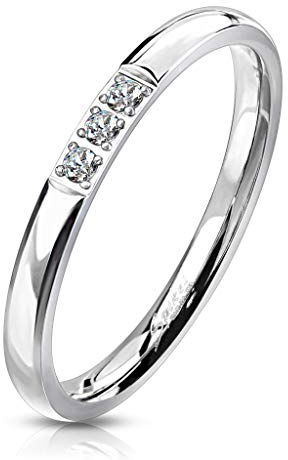 Paula & Fritz® Verlobungs-Ring Silber 2mm breit 3 Zirkonia Kristall Clear farblos Edelstahlring Damen-Ring Freundschaftsring Partnerring R-M7225S_70