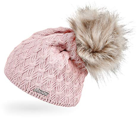 Neverless® Damen Strick-Mütze gefüttert Fell-Bommel Kunstfell Winter-Mütze Bommelmütze rosa Unisize