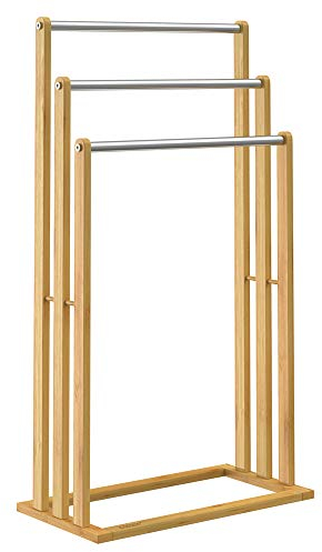 CASARIA® Handtuchhalter Stehend Bambus Holz 84 x 46 x 24 cm 3 Edelstahl Stangen Handtuchständer Freistehend mit Ablage Handtuchstange Bad Ohne Bohren