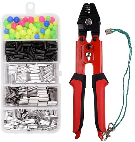 AGOOL Fishing Crimping Pliers + 500pcs Crimp Sleeves Set, Heavy Duty Wire Rope Crimper Plier Built-in Wire Cutters, 4 Size Crimp Sleeves Fishing Tackle Pliers