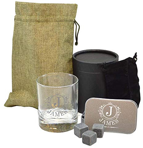 Personalised Whiskey Stones Gift Set Engraved with Glass Tumbler Reusable Ice Cubes Rocks Marble Granite Chilling Cooling Chilling Ornate Initials Gift Bag (Set of 4 Items)