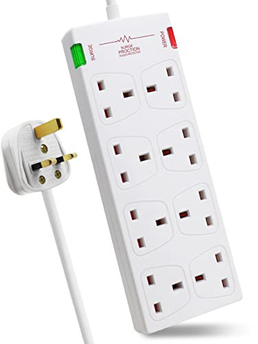 EXTRASTAR 8 Way Extension Leads with Surge Protection, 13A 3120W Approved British UK Wall Mounted Power Strips with 5 Metre Extension Cord for Home, Office - White