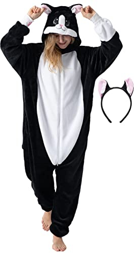 corimori Flauschiges Katzen-Kostüm für Erwachsene mit Haarreif | Karneval Kostüm Onesie für Damen, Herren | Körpergröße 180-190cm