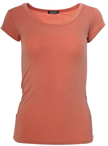 Easy Young Fashion - Damen Basic Rundhals T-Shirt - Kurzarm Unterziehshirt Skinny Fit 1001 - Terracotta S