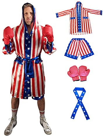 Boxkostüm mit amerikanischer Flagge – alles im Lieferumfang enthalten – USA Robe – Dehnbare Shorts mit amerikanischer Flagge – Sterne Gürtel – Boxhandschuhe – All in One Boxer Kostüm