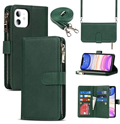 Cavor Crossbody iPhone 11 Case With Card Holder With Strap,Flip Leather Wallet Case,[9 Card Holder] Zipper Detachable Lanyard Phone Case Cover for Women for iPhone 11 - Dark Green