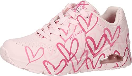 Skechers UNO Spread The Love Damen-Sneaker, Pink W Mehrfarbiger Herzaufdruck Durabuck Mesh, 38.5 EU