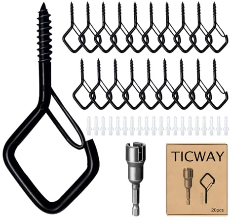 Ticway 20 Pcs Screw in Hooks with Safety Buckle - Black Metal Ceiling Hooks,Outdoor Garden Hooks - Hooks for Hanging Plants, Cup, Fairy Light, Birdcage, Christmas Decor, Wind Chimes (Black)