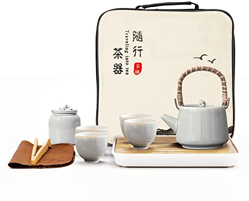 fanquare Graues Gongfu Teeservice mit 4 Tassen, Traditionelles Chinesisches Teeset, Keramik Teekanne mit Teeschale, Kanne, Reiseteeset