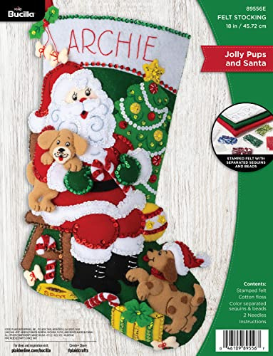 Bucilla Filzapplikation, 45,7 cm, Strumpf-Bastelset, Jolly Pups Santa, perfekt für DIY Kunst und Handwerk, 89556E