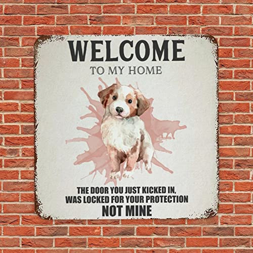 Panneau en métal humoristique avec chien « Welcome to My Home » - Panneau de bienvenue rétro en métal à suspendre - Pour homme et grotte - 25,4 cm