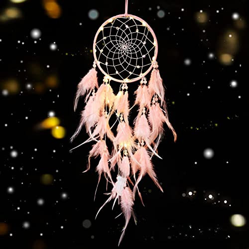 Hongyans Traumfänger mit LED Licht Handgefertigt Dreamcatcher mit Federn Böhmen Dekoration für Schlafzimmer Hochzeit Wandbehang Ornament Mädchen Kinder Geschenk