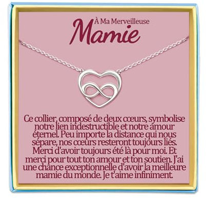 Mamie Collier Cadeau pour Ma Grand Mere de Petite Fille Petit Fils A Sa Grand-mère Cadeaux Fetes Des Grand Meres Grand-Mère Mamy Mémé Coeur Colliers Argent Original Idee Femme Anniversaire Bijoux