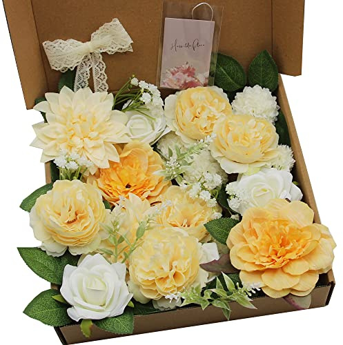 HASWITDA Artificial Silk Flower Bouquet Box Faux Flower Head Fake Table Decoration Arrangement for Wedding Birthday Baby Shower Party Yellow & White