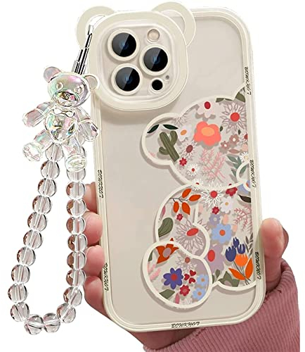 Jusy Kompatibel mit iPhone 13 Pro Hülle, Süße Blumen Floral Bär Abdeckung mit Schöner Handgelenkschlaufe Armbandkette für Mädchen Frauen, Klare Kawaii Kamera Schutz Hübsche Trendige Telefonhülle