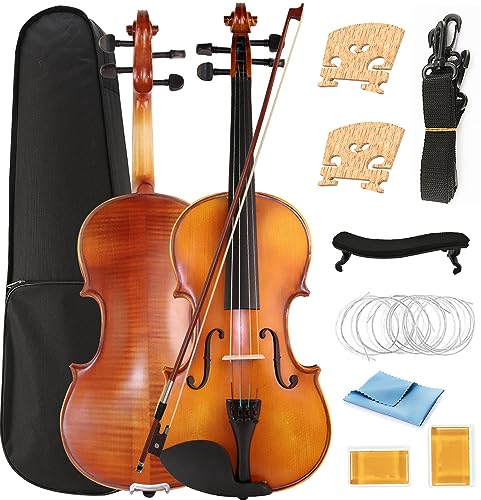 Eavnbaek Violine 4/4 Full Size Set Massivholz Fiddle für Erwachsene Anfänger Studenten Kinder, mit Hartschalenkoffer, Violinbogen, Schulterstütze, 2 Kolophonium und extra Saite