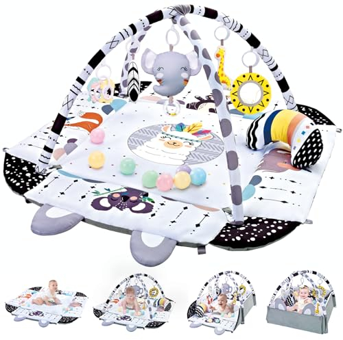 TFDER Baby Spieldecke mit Spielbogen,Multifunktionsspielbogen für Neugeborene mit 7 abnehmbaren sensorischen Spielzeugen,Krabbeldecken für Babys und Kinder ab 0+ Monaten (Schwarz und Weiß)