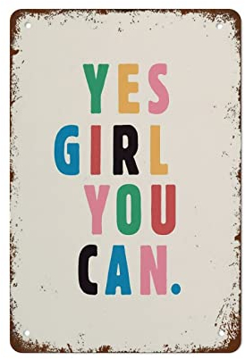 Retro Metall-Blechschild Yes Girl You Can, feministisches Zitat, farbenfroh, Wandkunst, feministischer Druck, minimalistischer Wandkunst, 30,5 x 20,3 cm, für Café, Pub, Küche, Straße, Zuhause,