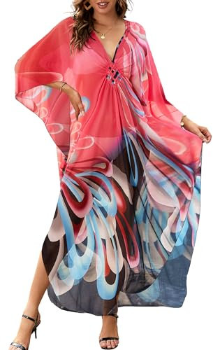 Bsubseach Kaftan Dresses for Women Mesh Beach Swimsuit Cover Up Batwing Sleeve Plus Size Caftan Cover Ups Blue Pink Flower