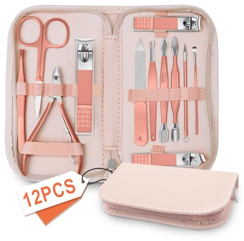 Tagliaunghie Set, Tagliaunghie Uomo e Donne, Kit Manicure Professionale, Set Manicure e Pedicure, Set Manicure da Viaggio con Custodia in Pelle Oro Rosa per Viaggi e Casa, Set 12 in 1