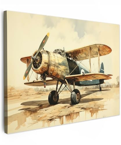MuchoWow© Bild auf Leinwand 40x30 cm Schlafzimmer Bilder Wand Deko Wohnzimmer Modern Wanddeko Bilderwand Geschenk Vintage - Flugzeug - Wasser - Beige - Fahrzeug